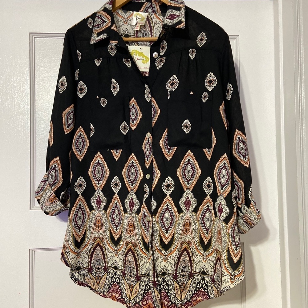Fig and flower button down blouse